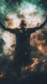 Triumphant footballer emerging through cosmic firestorm.