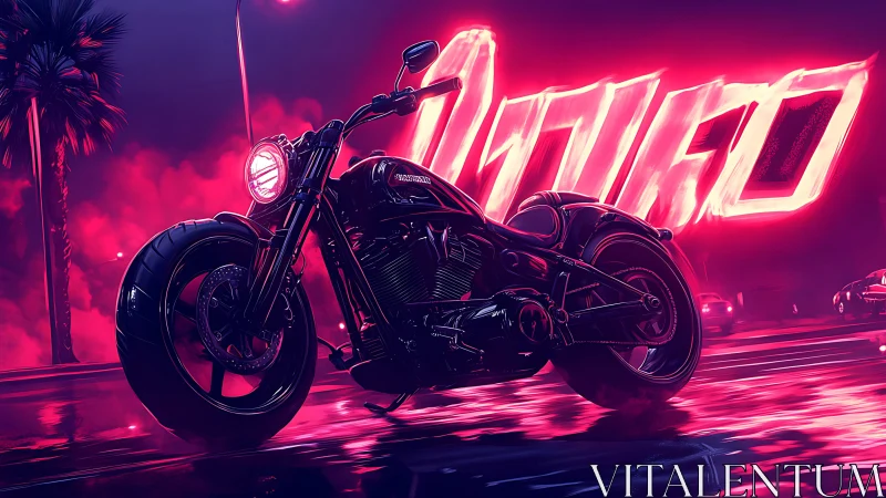 Neon thunderbike prowls a rain-slick cyberpunk boulevard.