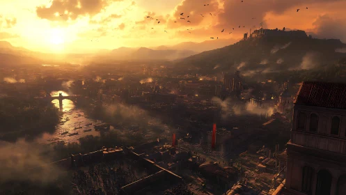 Sunlit ancient metropolis with volumetric haze and citadel.