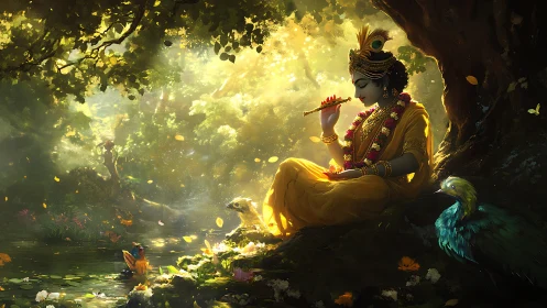 Divine figure plays flute in sunlit forest by a stream.