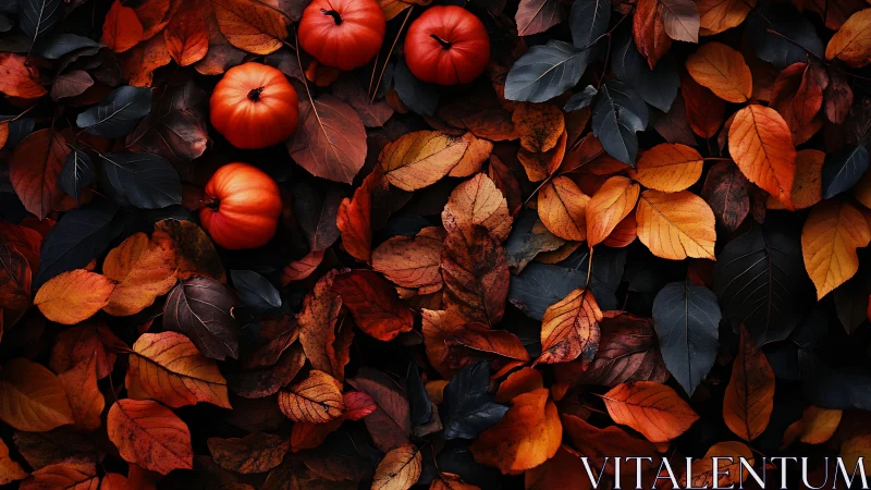 Cozy mini pumpkins resting in a sea of autumn leaves.