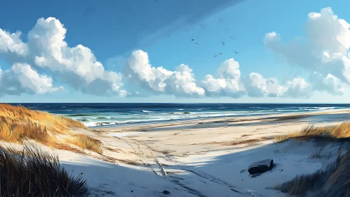 Coastal dune path opens onto windswept surf under cumulus sky.