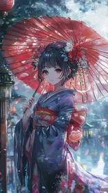 Umbrella-lit kimono dream amid shimmering lakeside twilight.