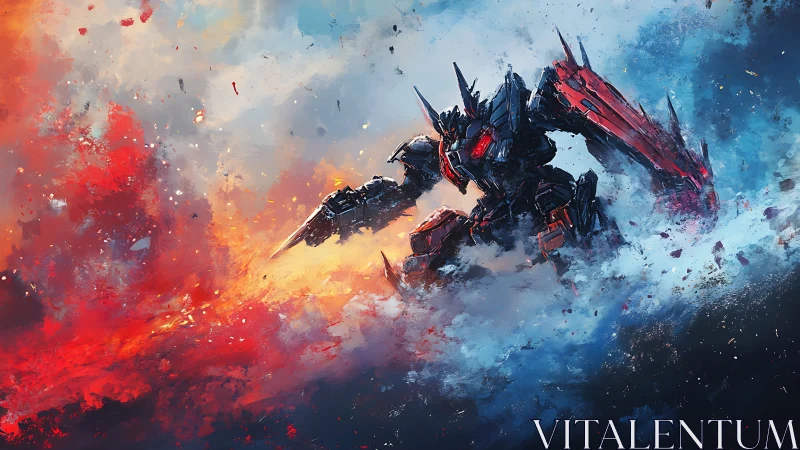 War mech charges through fire and ice battlefield storm.