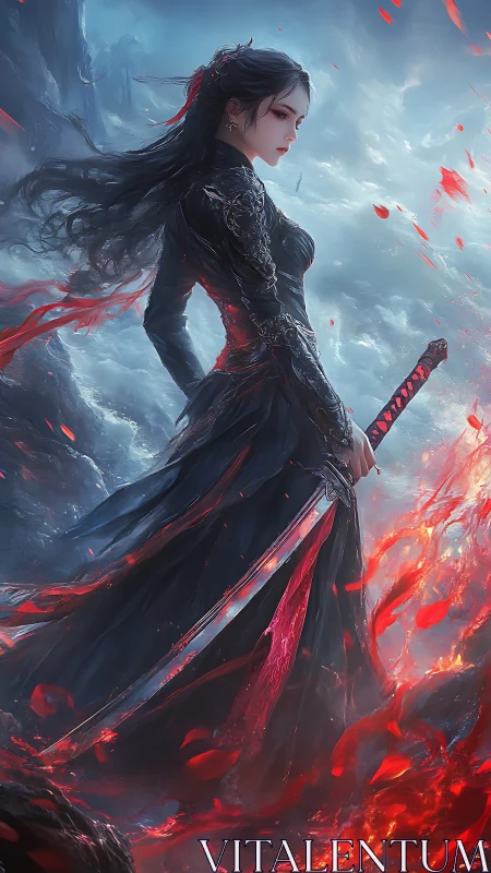 Dark swordswoman stands amid embers in dynamic fantasy mist