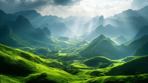 Sunlit emerald valleys and misty mountains unfolding softly.