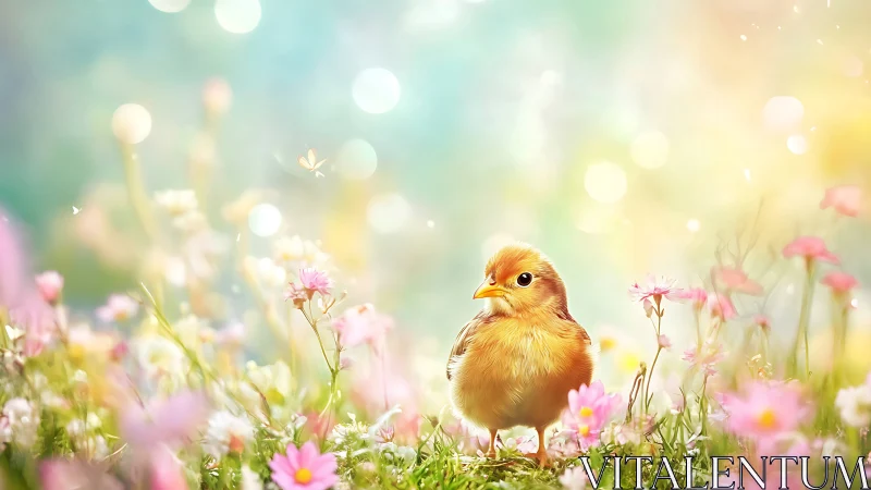 Golden chick rendered in luminous spring meadow bokeh light