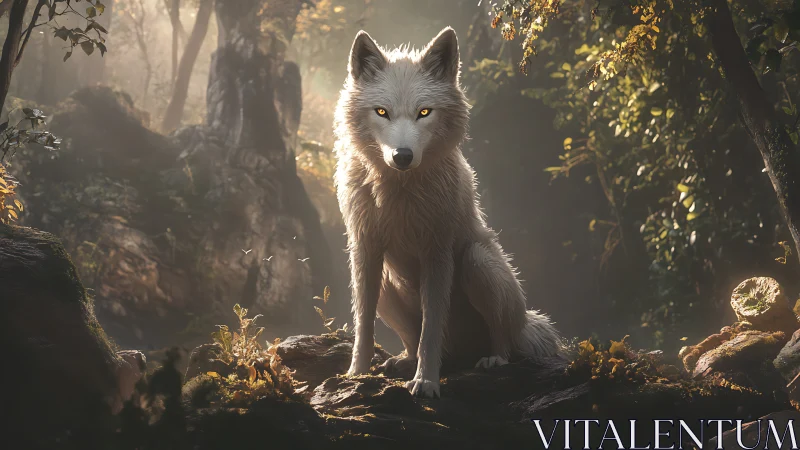 Backlit white wolf with volumetric forest lighting and crisp fur shading