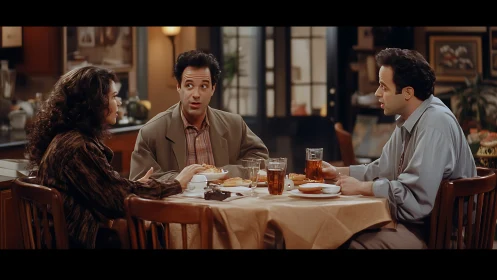 Three adults debate over dinner at warmly lit kitchen table
