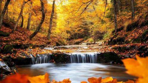 Autumn's Peaceful Waterfall Retreat Among Golden Trees.