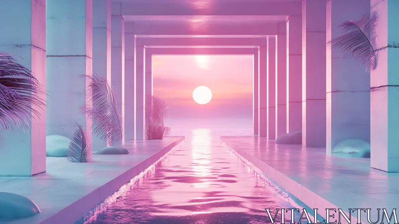 Neon Corridor with Sunset Reflection and Palm Architecture.