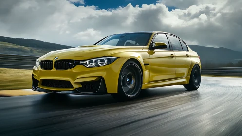 Yellow sports sedan powers through wet racetrack at speed.