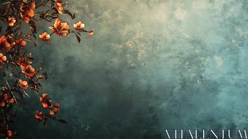 Orange Blooms Against Weathered Teal Wall