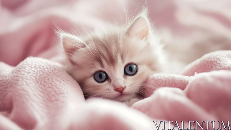 Felid Juvenile in Pastel Pink Textile Environment with Blue Iris