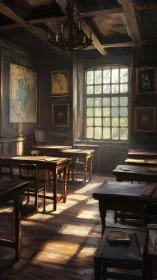 Sunlit vintage classroom captures quiet scholarly nostalgia