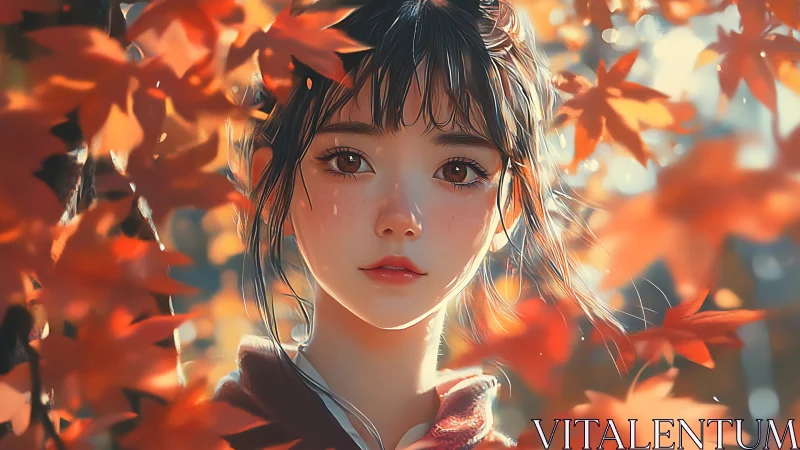 Autumn portrait of wistful girl amid glowing maple leaves.