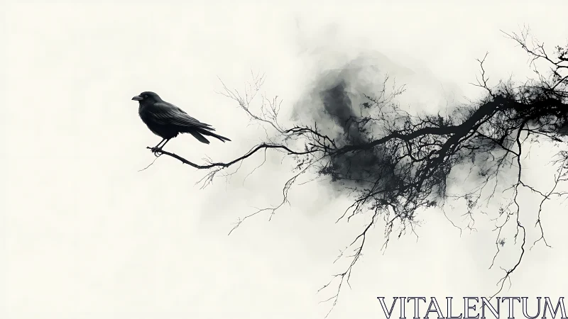 Solitary raven on misty branch, minimalist monochrome digital art.