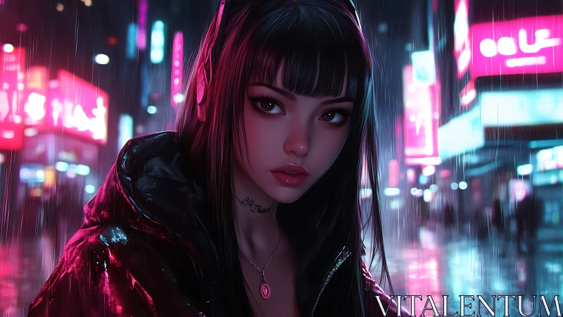 Neon‑lit girl in rain with reflective jacket and headphones.