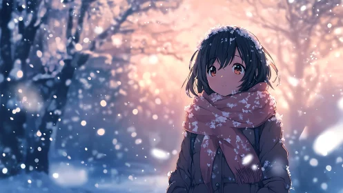 Snow falls around bundled figure in softly lit winter forest