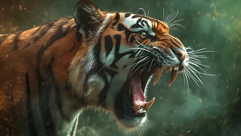 Roaring tiger profile with bared fangs in dense green haze.