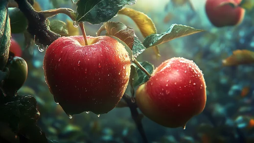 Ripe red apples glow with dewy freshness in morning orchard