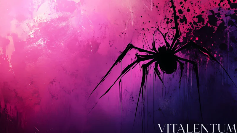 Silhouetted spider ink splatter contrasts neon magenta gradient