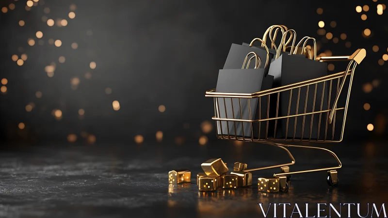 Gold wireframe cart, black gift bags, probabilistic luxury scene.