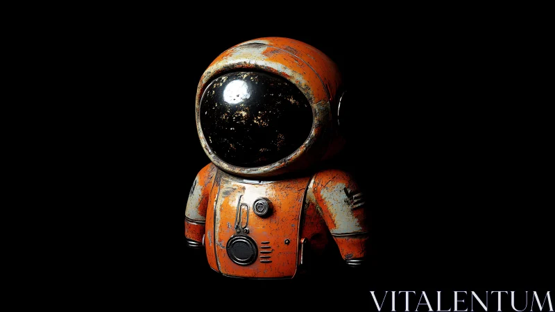 Rust-worn chibi astronaut in glossy orange suit on black.
