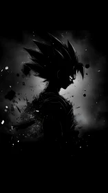 Shadow-charged anime warrior stands in a storm of power