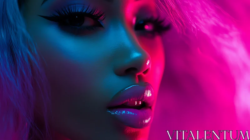 Neon rim-lit portrait isolates glossy lips under magenta cyan split