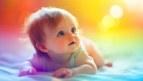 Infant in Rainbow Gradient Background with Bright Lighting