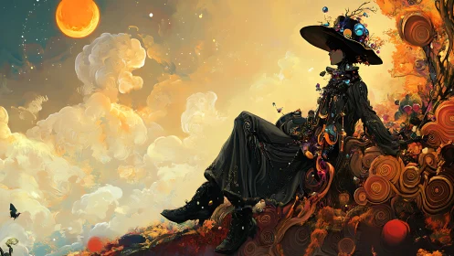 Silhouetted figure in ornate hat reclining amid swirling orange clouds