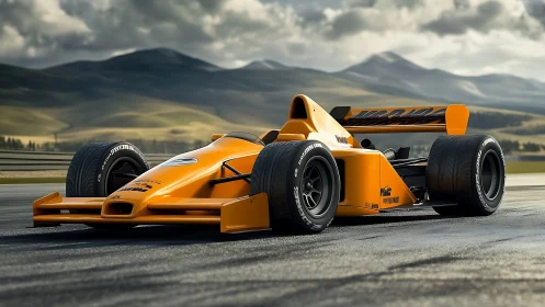 Bright orange Formula race car waits on open mountain circuit.