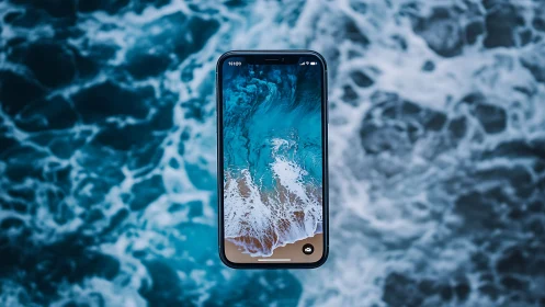 Smartphone with ocean wallpaper suspended over water.