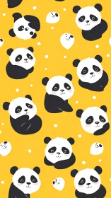 Cartoon panda heads and bodies repeat on flat yellow background