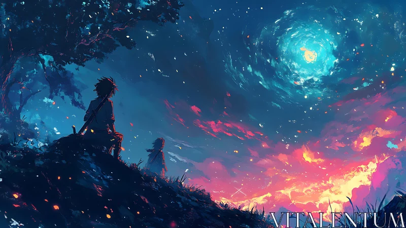 Two figures observe swirling night sky over vivid horizon.