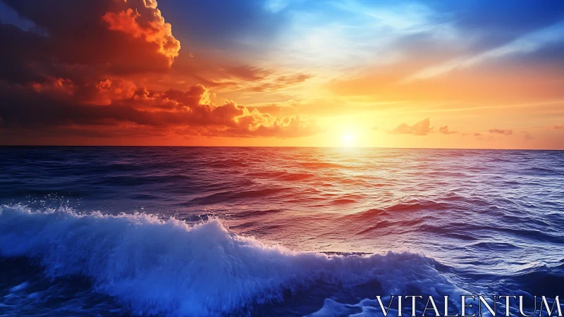 Ocean horizon at sunset with waves and contrasted sky.