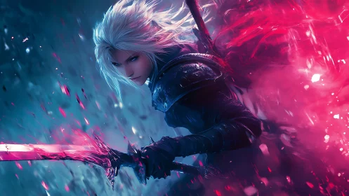 Silver haired warrior with glowing red sword in battle.