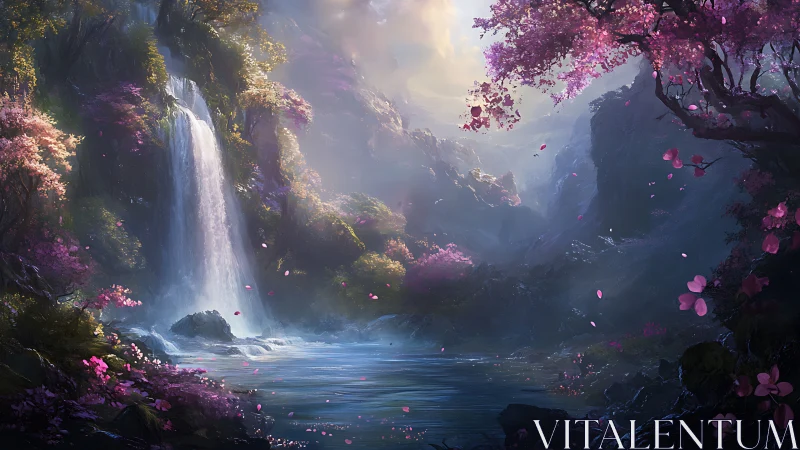 Enchanted waterfall and cherry blossom valley at dusk.