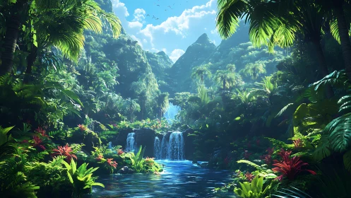 Sunlit tropical waterfall cascades through dense jungle valley