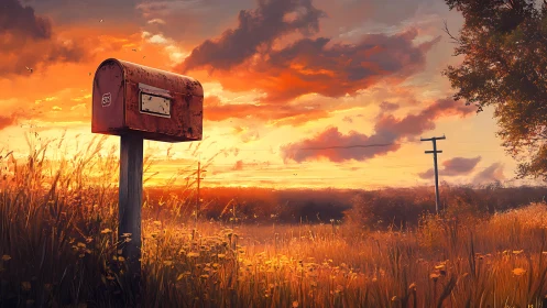 Sunset mailbox glowing gently in a quiet golden meadow.