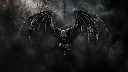 Winged skull wreathed in storm-black ash and burning void.