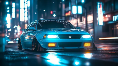 Lowered Honda sedan glows under neon city night rain