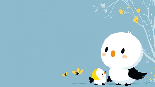 Cute parent and baby birds watching butterflies together.