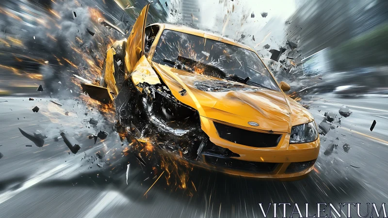 High-speed yellow sedan impact with dynamic debris field and motion blur