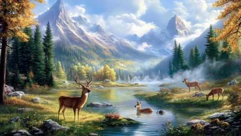 Deer standing and resting by a bright alpine mountain lake.