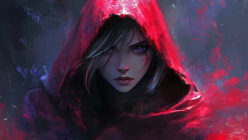 Red hooded figure with scarred face in digital portrait.