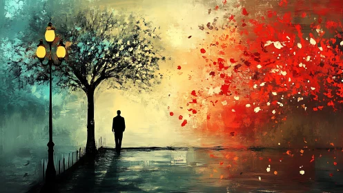 Solitary walker drifts between teal quiet and burning dusk