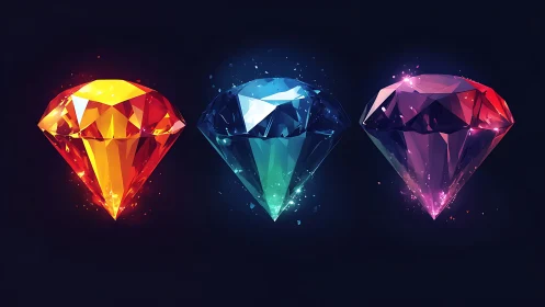 Triple neon gemstones suspended in a dark cosmic void.