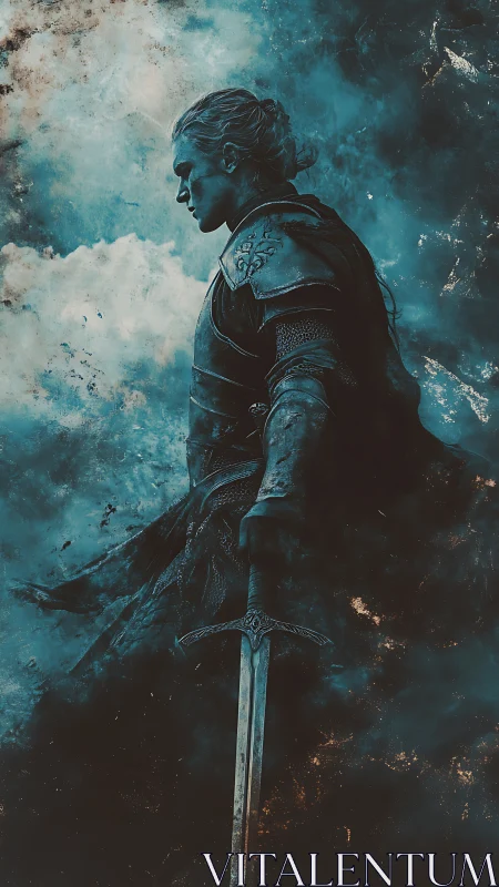Armored warrior with sword in turbulent blue clouds.